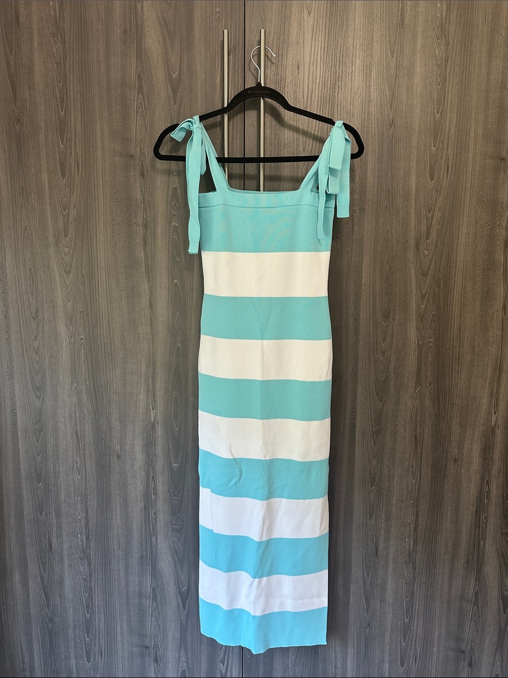 Striped Tie-Shoulder Maxi Dress in Aqua and White